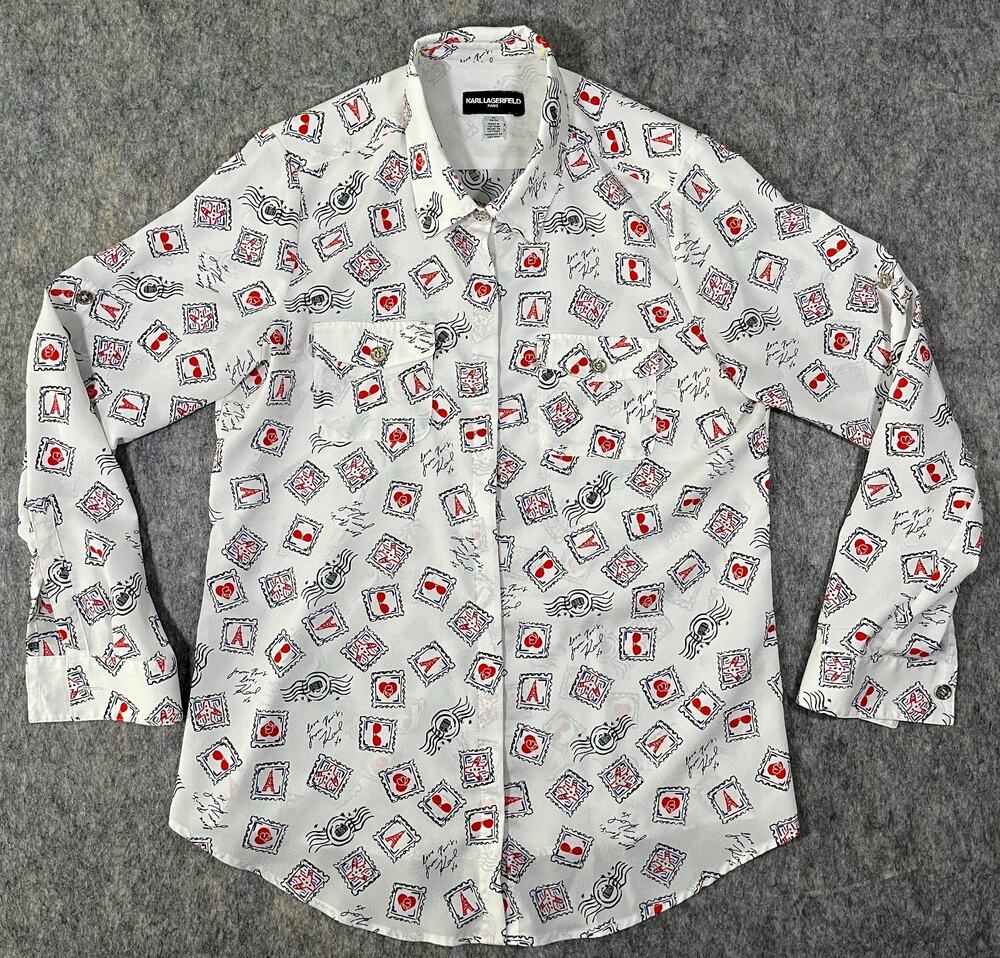 Karl Lagerfeld Paris Blouse / Women US M Medium / Button Up White Paris Stamp